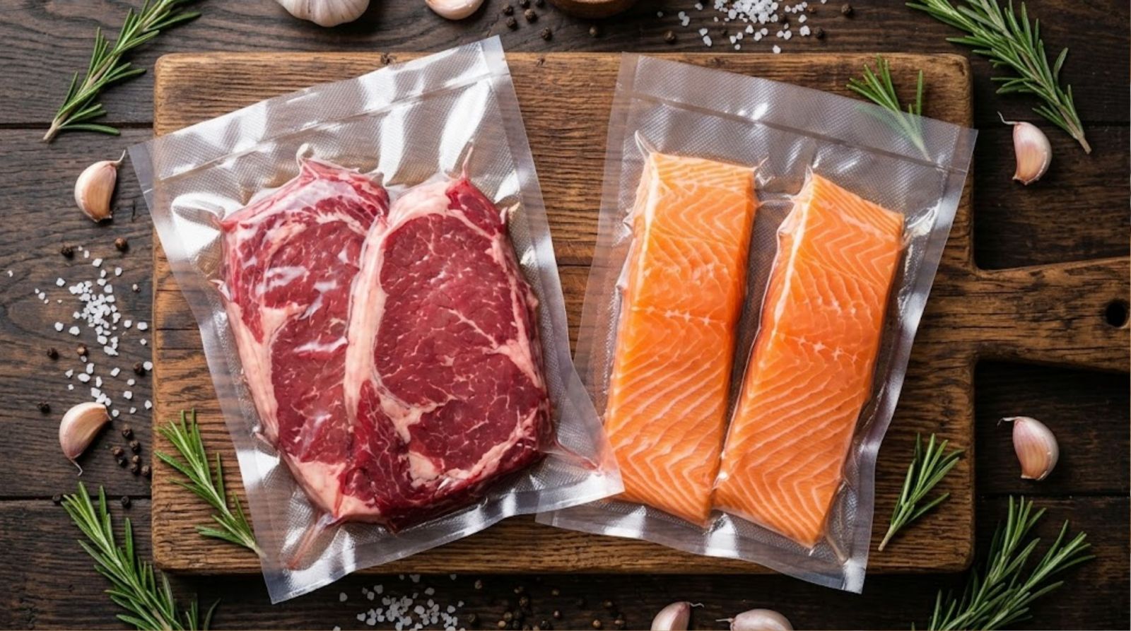 Dùng máy hút chân không bảo quản thịt cá tươi ngon không bị cháy đông.