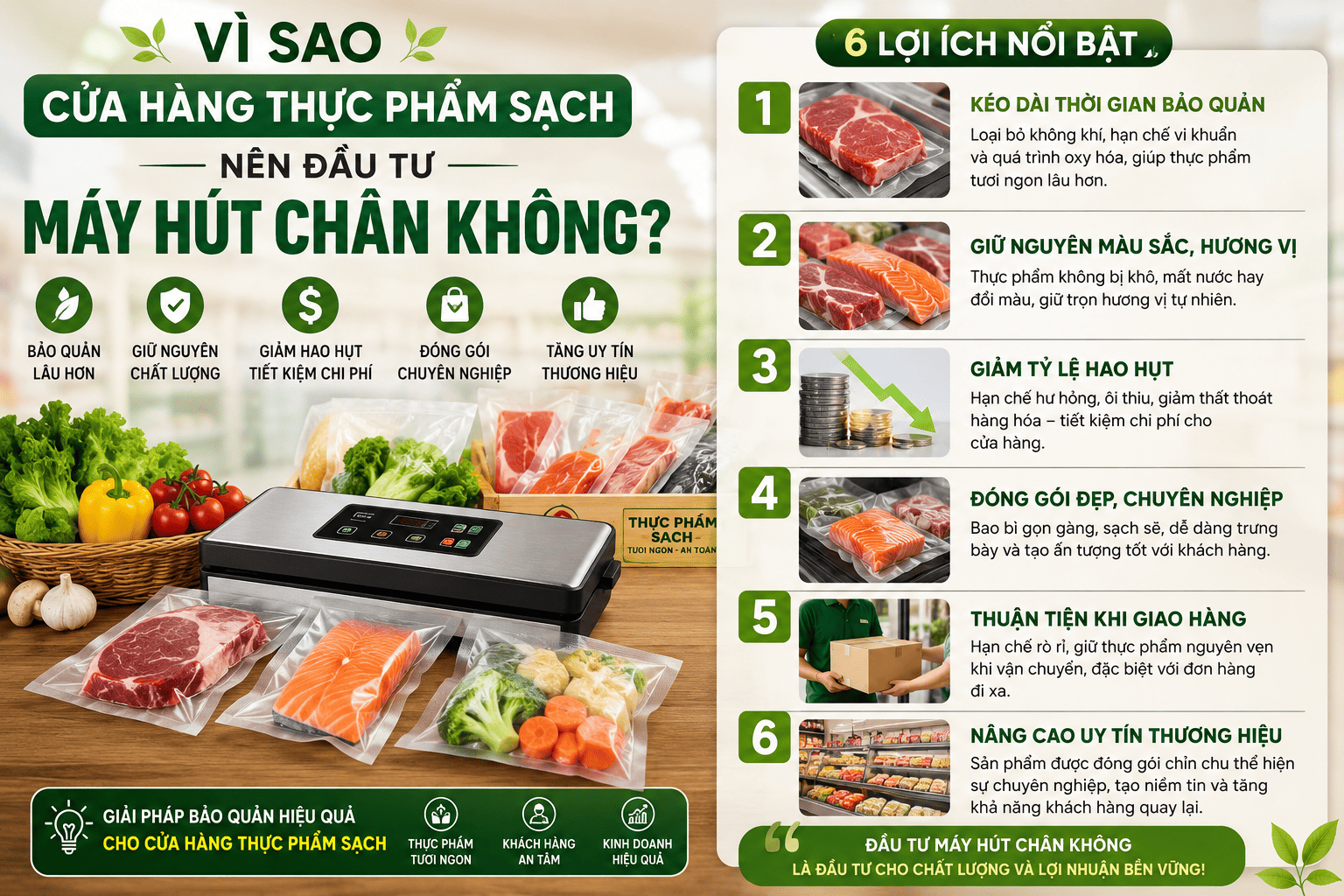 Vì sao cửa hàng thực phẩm sạch nên đầu tư máy hút chân không?