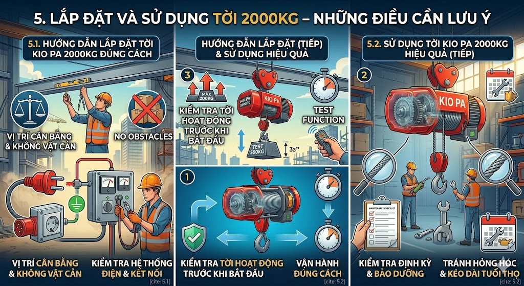 Lắp đặt tời 2000kg tại công trường, đảm bảo an toàn và hiệu quả khi sử dụng.