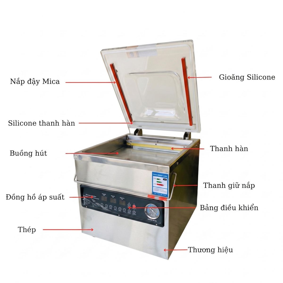 Chụp cận cảnh bảng điện tử, các nút bấm và đồng hồ đo áp suất để khách hàng thấy rõ sự hiện đại.