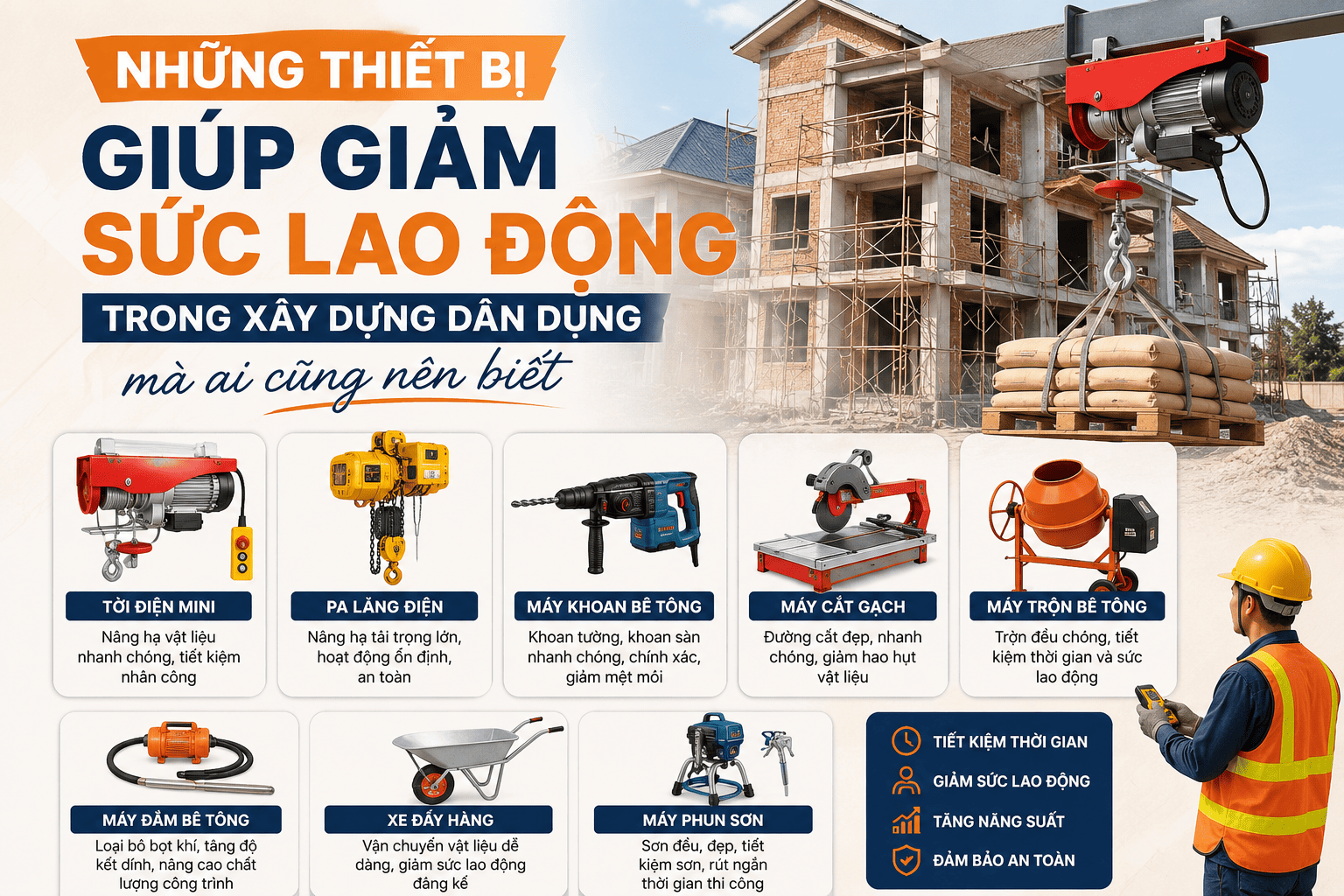 Những thiết bị giúp giảm sức lao động trong xây dựng dân dụng mà ai cũng nên biết