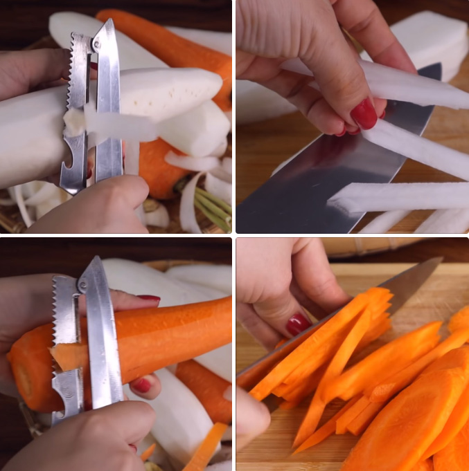 Sơ chế củ cải và cà rốt