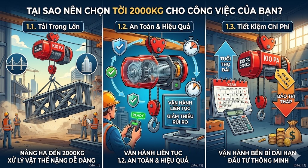 Tời 2000kg trong công trường xây dựng, sử dụng để nâng hạ vật liệu nặng.